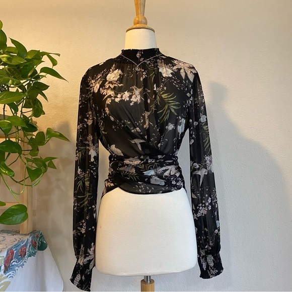 Rachel Zoe Tops - Sheer black floral high neck tie waist blouse